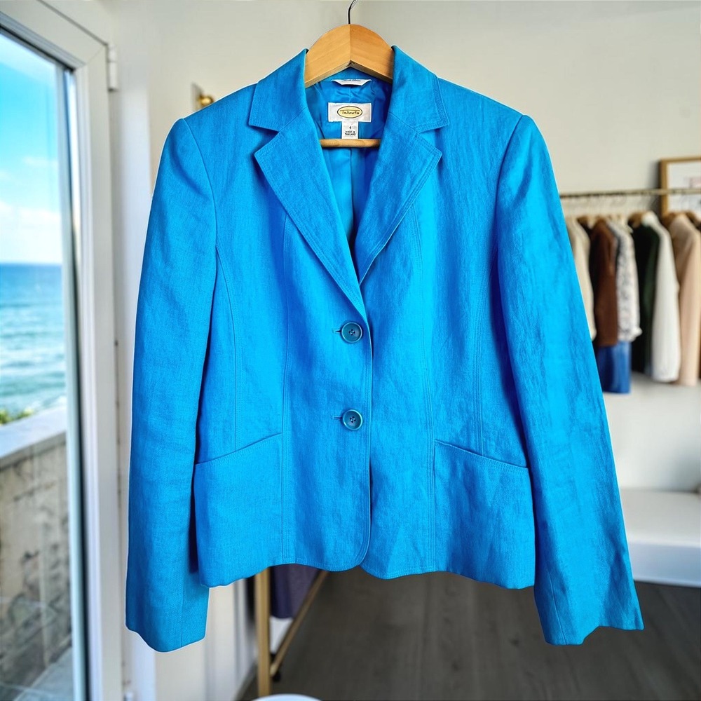 100% Linen Vintage 90s Talbots Blazer 4 Turquoise Blue Quiet Luxury Coastal